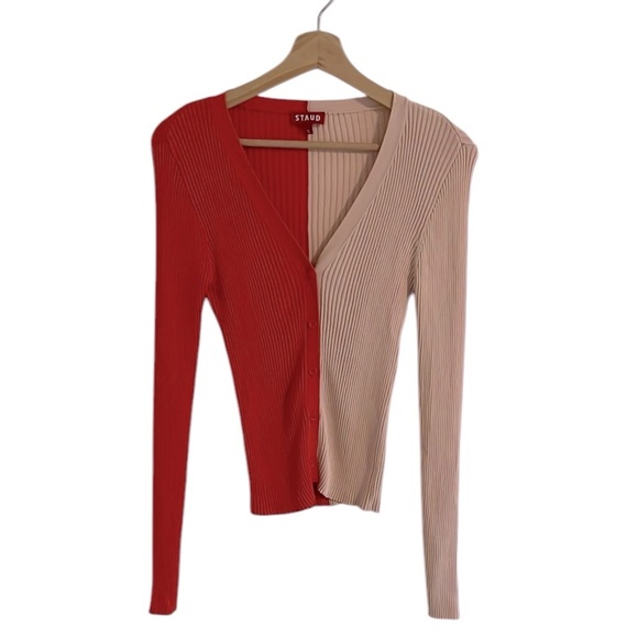 Staud Cargo Sweater Colorblock Cardigan Women’s Size Small Ribbed Orange Peach - Picture 2 of 8